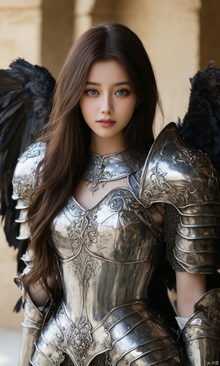 A photograph of beautiful hubggirl, (super realistic, best quality:1.25), depth, cinematic light, 
BREAK
hubggirl, solo, long hair, breasts, looking at viewer, blue eyes, brown hair, dress, jewelry, medium breasts, cowboy shot, parted lips, wings, indoors, armor, lips, shoulder armor, feathered wings, armlet, breastplate, armored dress,
BREAK
perfect hands, perfect light, vibrant colors, intricate details, highly detailed skin, pale skin, 
photorealistic, raw, analog,  taken by Sony Alpha 7R IV, Zeiss Otus 85mm F1.4, ISO 100 Shutter Speed 1/400, Vivid picture, intricate background,