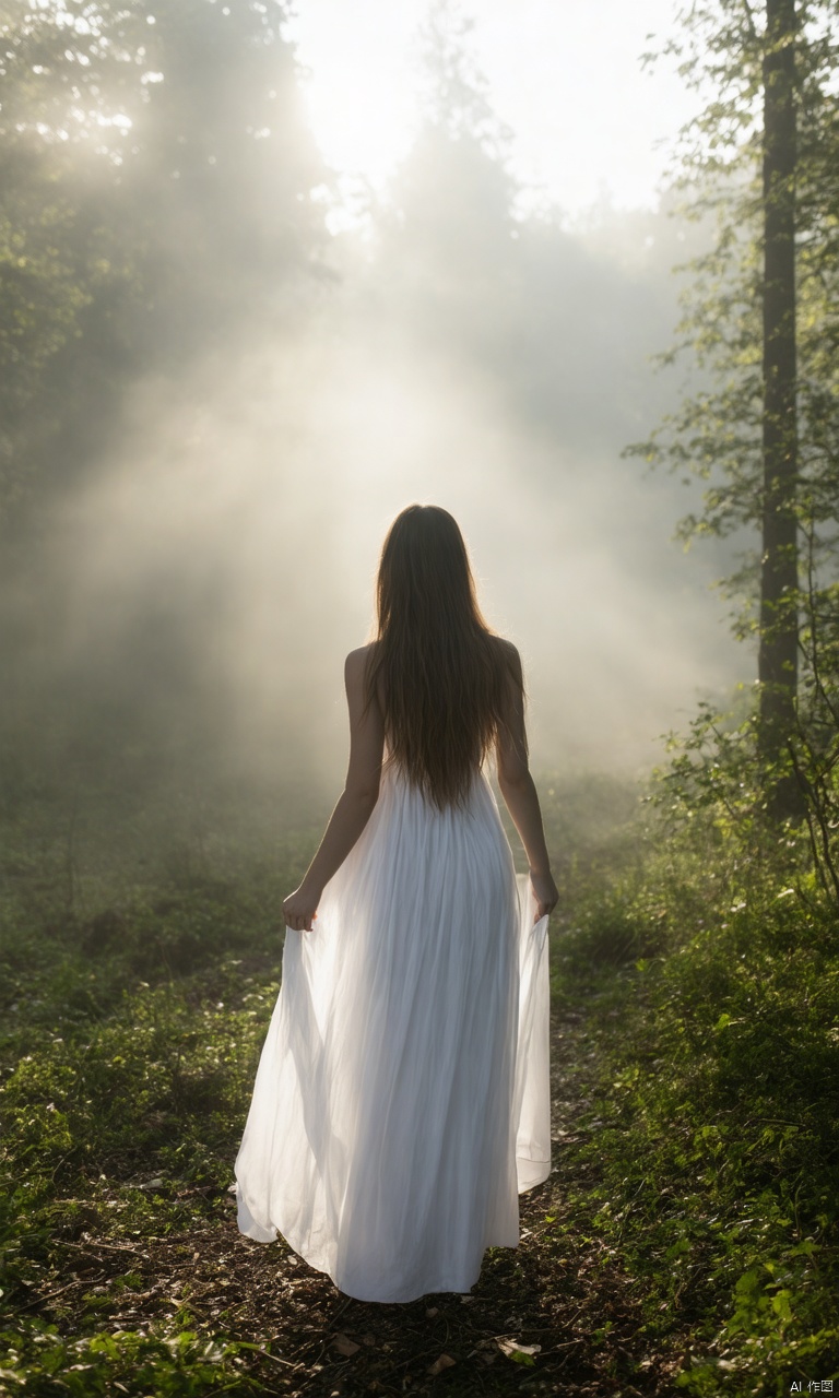 A photograph of beautiful hubggirl, (super realistic, best quality:1.25), depth, cinematic light, 
BREAK
A solitary figure, a woman, stands at the edge of a misty forest, her back to the camera. The soft morning light casts a warm glow on her long hair and the curves of her silhouette. She wears a flowing white dress that blends with the fog, as if one with nature. Her pose exudes quiet contemplation.
BREAK
perfect hands, perfect light, vibrant colors, intricate details, highly detailed skin, pale skin, 
photorealistic, raw, analog,  taken by Sony Alpha 7R IV, Zeiss Otus 85mm F1.4, ISO 100 Shutter Speed 1/400, Vivid picture, intricate background,