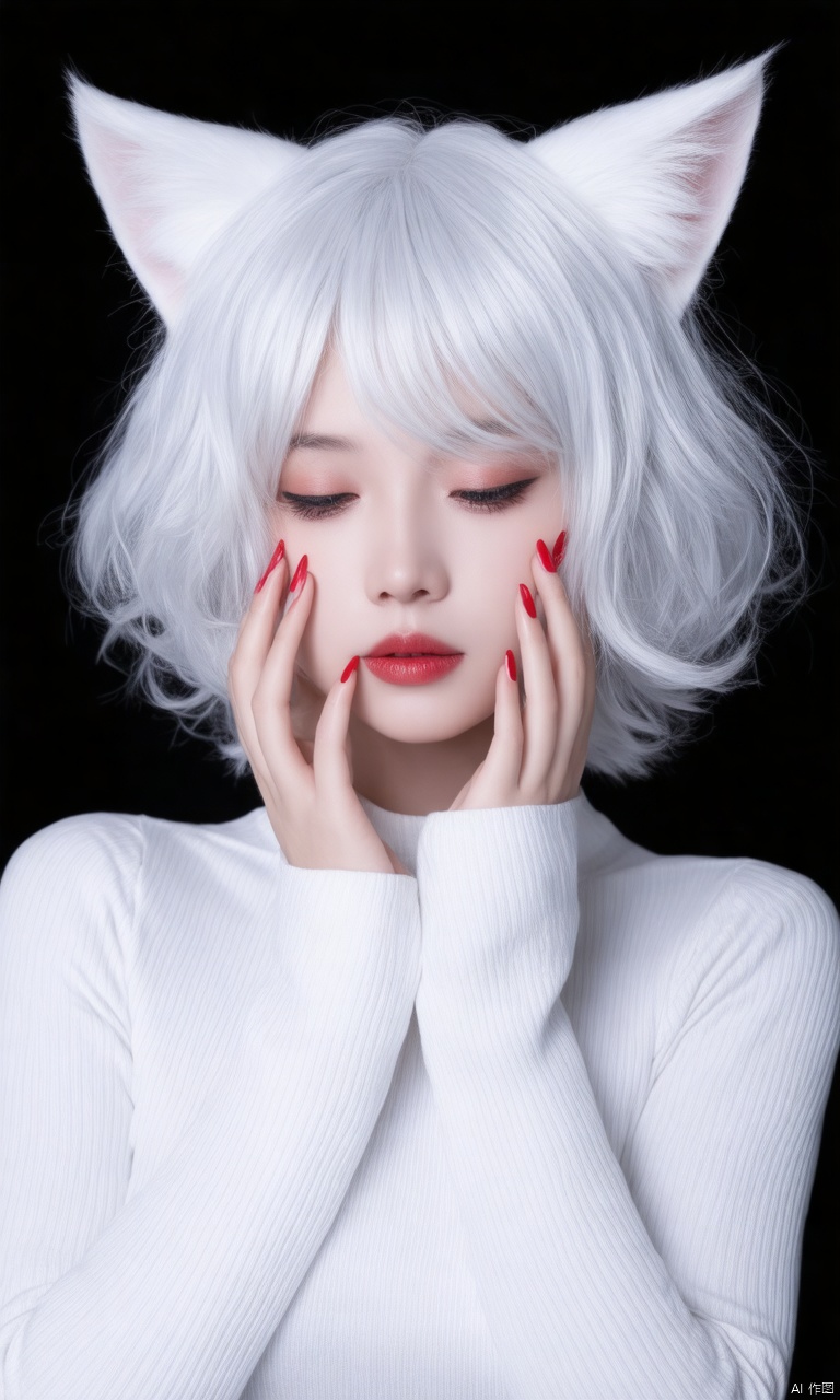 A photograph of beautiful hubggirl, (super realistic, best quality:1.25), depth, cinematic light, 
BREAK
A solo hubggirl with an ultra-wide field view. She has short wavy white hair with bangs that falls between her eyes. Her hair is curly and she has long fingernails painted with nail polish. She has cat ears on top of her head and red eyes. She is looking at the viewer with a closed mouth. She is wearing a long-sleeved top. The background is black and the lighting is ultra-dynamic creating amazing shadows and depth of field. She has an androgynous look and there is 1 other element in focus.
BREAK
perfect hands, perfect light, vibrant colors, intricate details, highly detailed skin, pale skin, 
photorealistic, raw, analog,  taken by Sony Alpha 7R IV, Zeiss Otus 85mm F1.4, ISO 100 Shutter Speed 1/400, Vivid picture, intricate background,