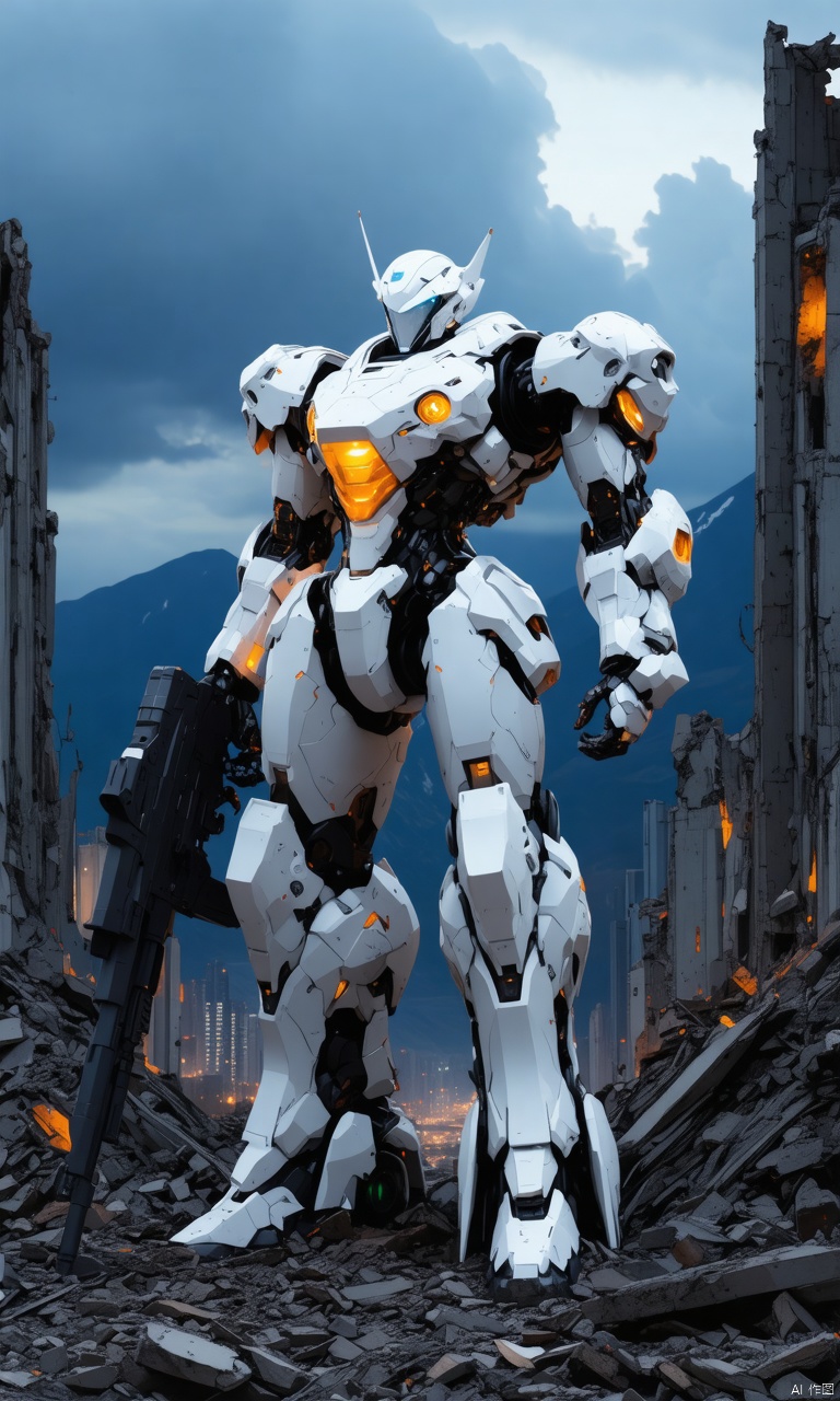 (masterpiece, best quality:1.2), Giant mecha, Vital Suits , building, city, city lights, cityscape, cloud, cloudy sky, destruction, evening, glowing, Luminous mecha, Complex mecha structure, White, orange, and black mecha, Strong mecha body, Multi light source mecha, Giant mecha firearms, full body, Super complex mechanical structure, holding gun, mecha, mountain, no humans, outdoors, power armor, realistic, ruins, science fiction, sky, skyline, skyscraper, smoke, weapon,