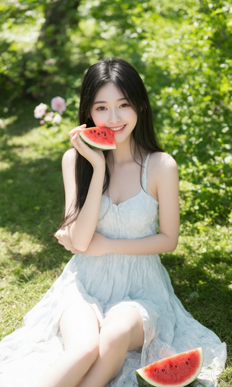 A photograph of beautiful hubggirl , (super realistic, best quality:1.25), depth, cinematic light, 
BREAK
18yo Japanese girl, long straight black hair, wearing a light summer dress, sitting in a sunny garden, holding a slice of watermelon with a joyful smile, surrounded by lush green plants and vibrant flowers, the atmosphere is fresh and lively, capturing the essence of a bright summer day, the sunlight casting a warm and natural glow on her skin,
BREAK
perfect hands, perfect light, vibrant colors, intricate details, highly detailed skin, pale skin, 
photorealistic, raw, analog,  taken by Sony Alpha 7R IV, Zeiss Otus 85mm F1.4, ISO 100 Shutter Speed 1/400, Vivid picture, intricate background,