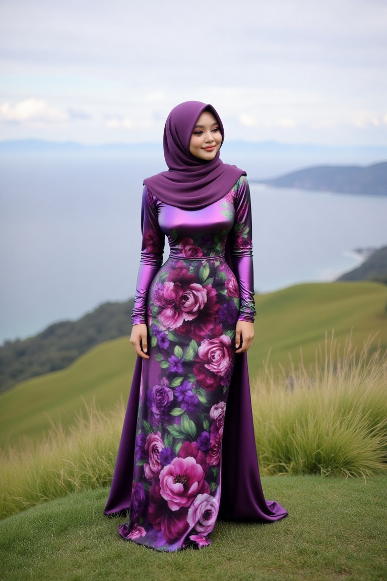 A beautiful hijab woman,  standing in the hill with sea view. she wearing dark purple chrome floral prunted bodycon long d...