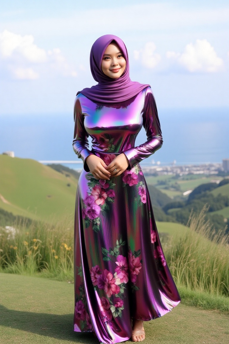 A beautiful hijab woman,  standing in the hill with sea view. she wearing glossy holographic dark purple chrome floral pri...