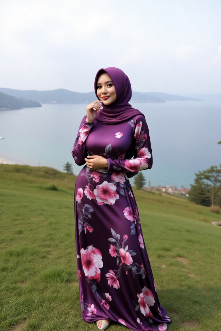 A beautiful hijab woman,  standing in the hill with sea view. she wearing dark purple chrome floral printed bodycon long d...