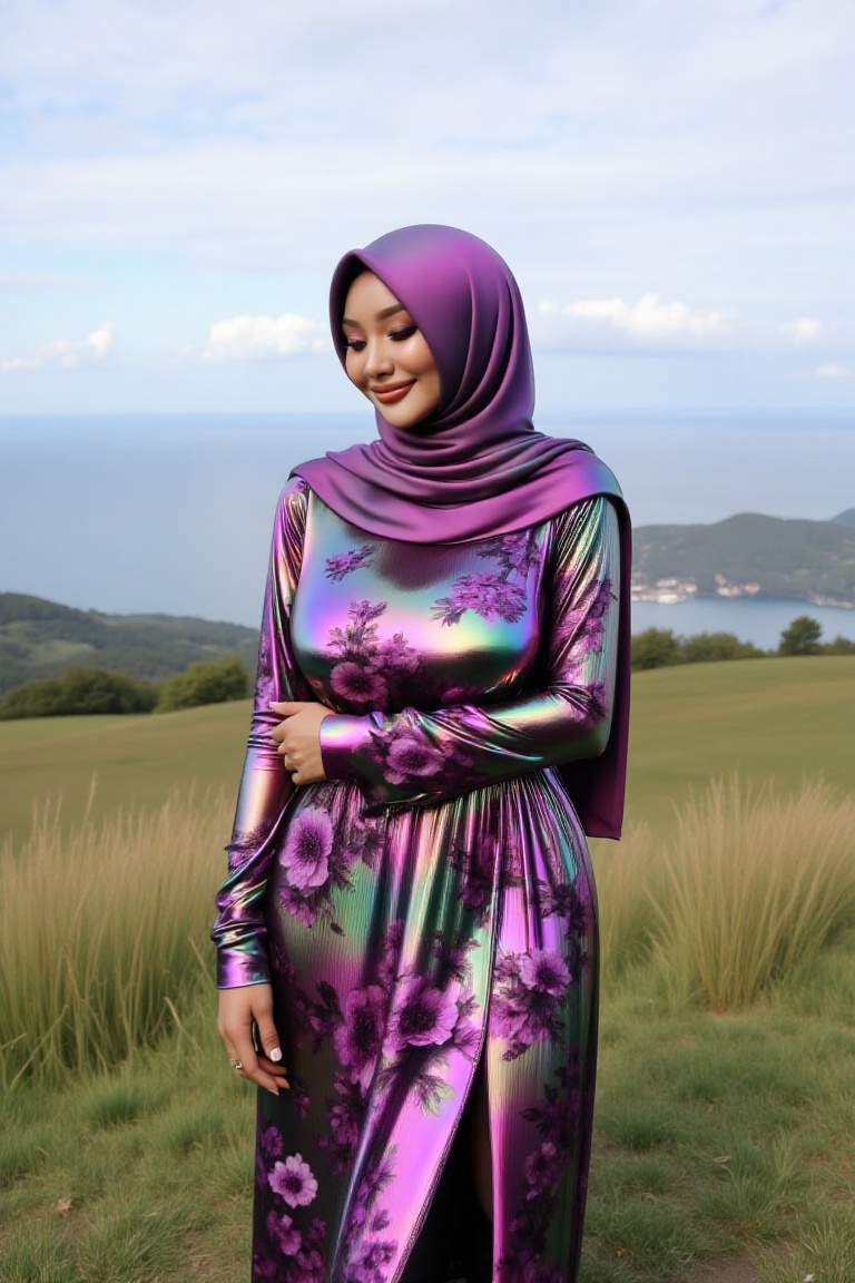 A beautiful hijab woman,  standing in the hill with sea view. she wearing glossy holographic dark purple chrome floral pri...