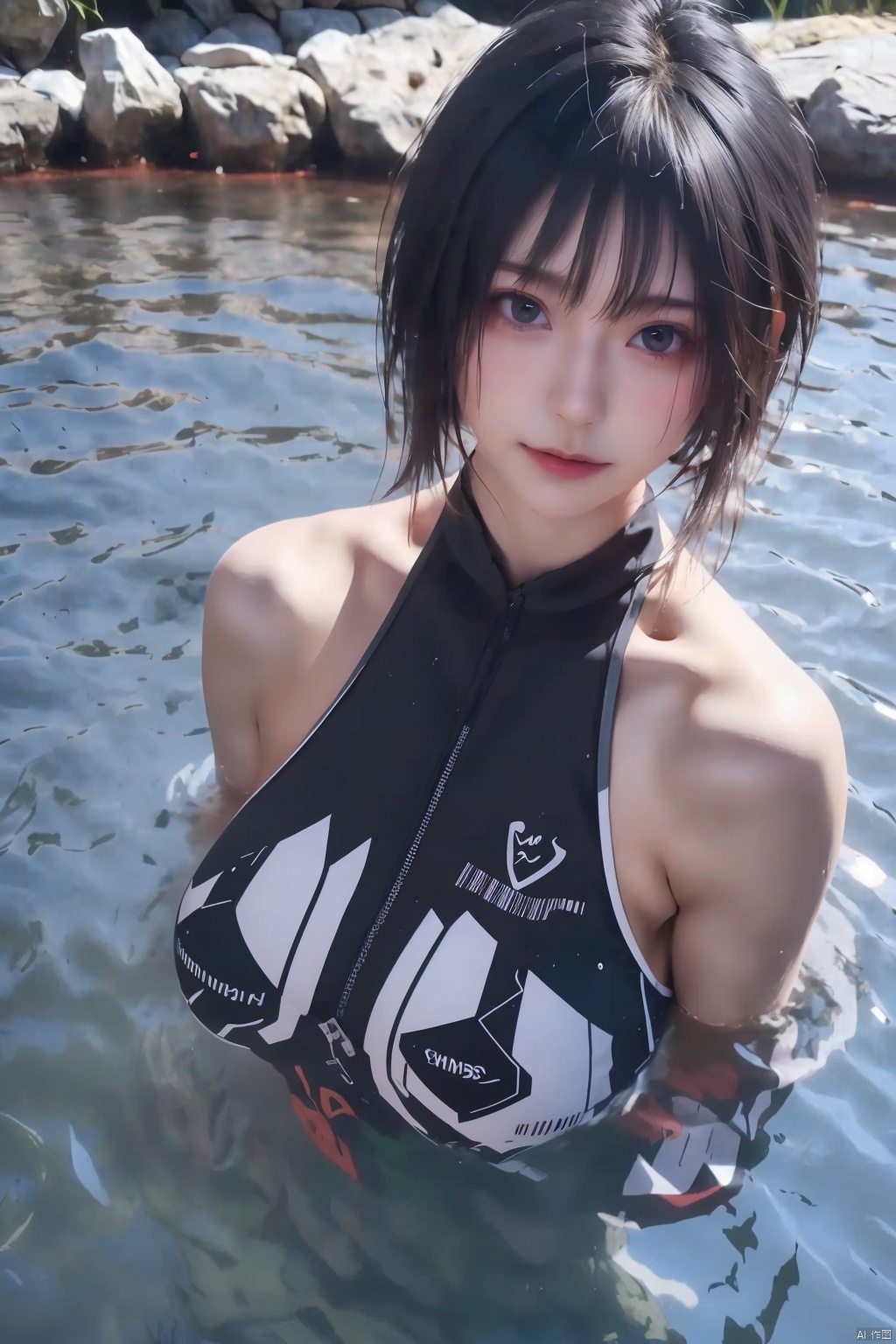 1girl solo breasts looking at viewer short hair large breasts black hair bare shoulders water cosplay barcode photo inset
