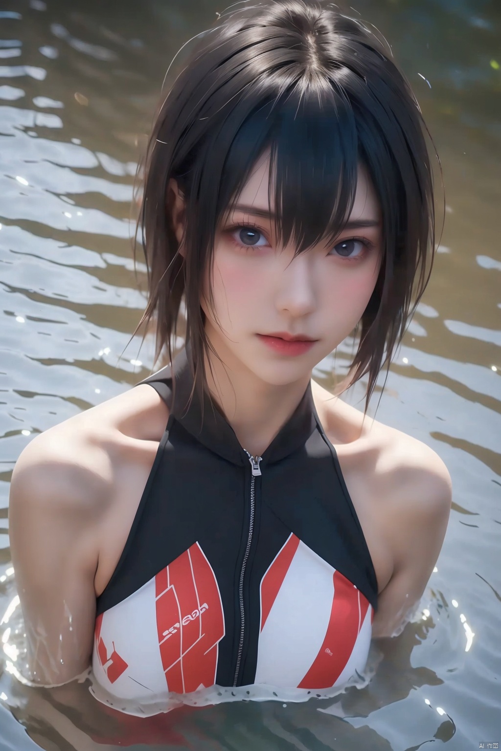1girl solo breasts looking at viewer short hair large breasts black hair bare shoulders water cosplay barcode photo inset
