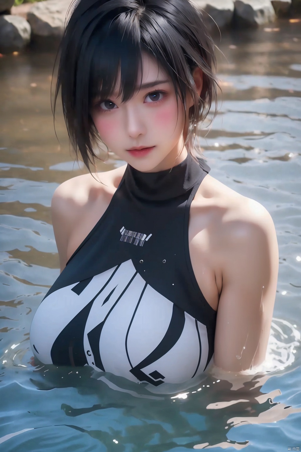1girl solo breasts looking at viewer short hair large breasts black hair bare shoulders water cosplay barcode photo inset
