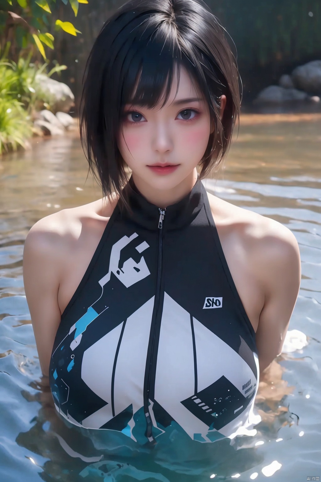 1girl solo breasts looking at viewer short hair large breasts black hair bare shoulders water cosplay barcode photo inset
