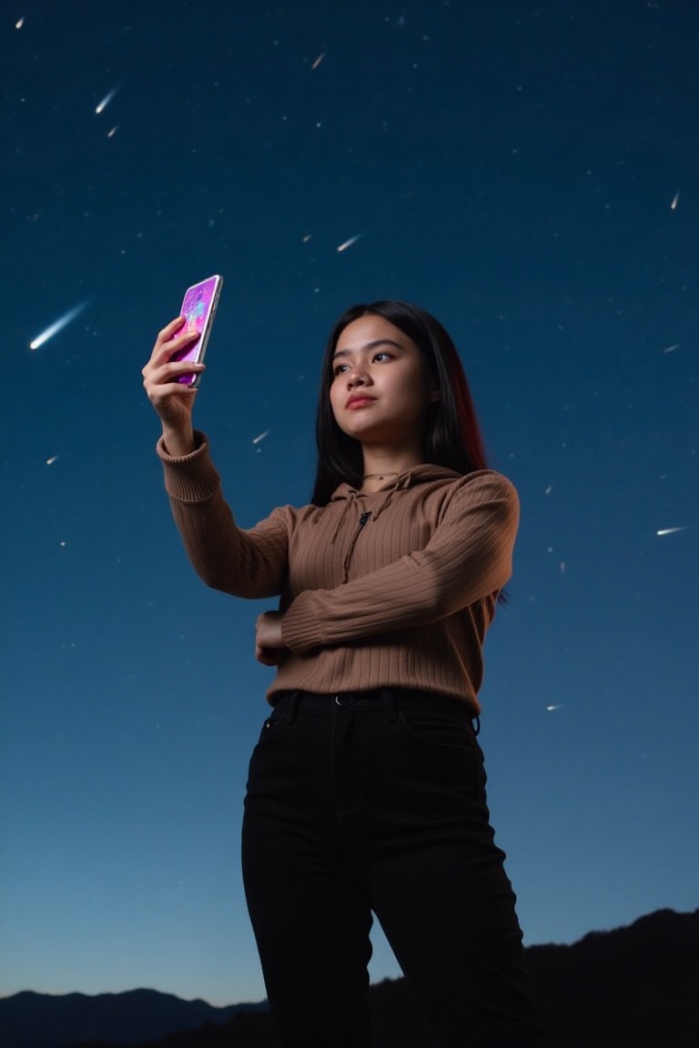 A young woman named Kayes stands tall in a self-portrait pose,  holding her smartphone up to take a selfie. The background...