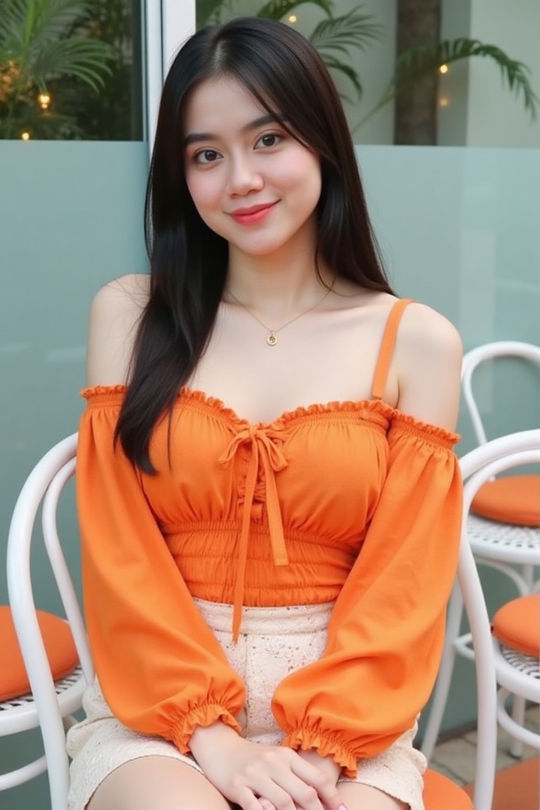 A portrait-style photograph captures a woman seated in a modern,  minimalistic setting. She has long,  straight dark hair...