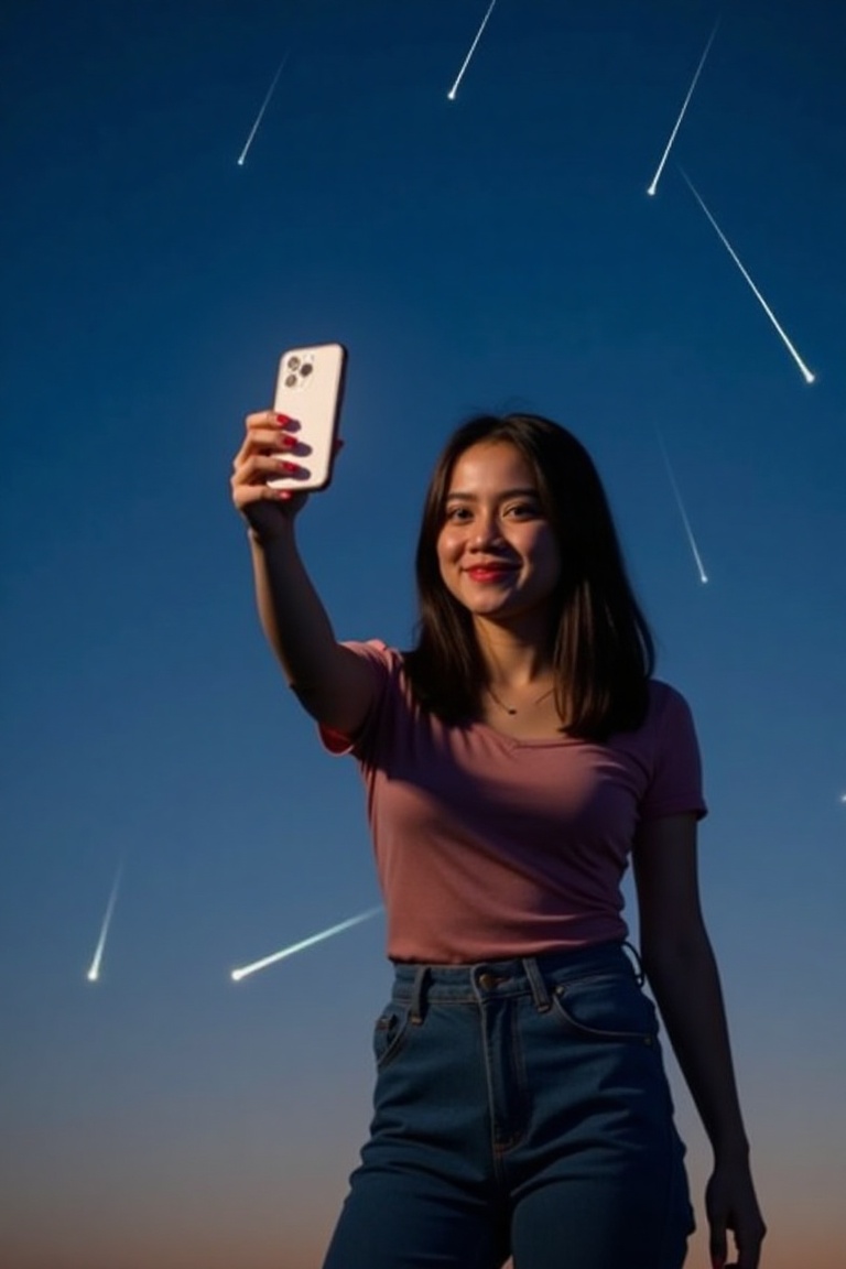 A young woman named Kayes stands tall in a self-portrait pose,  holding her smartphone up to take a selfie. The background...