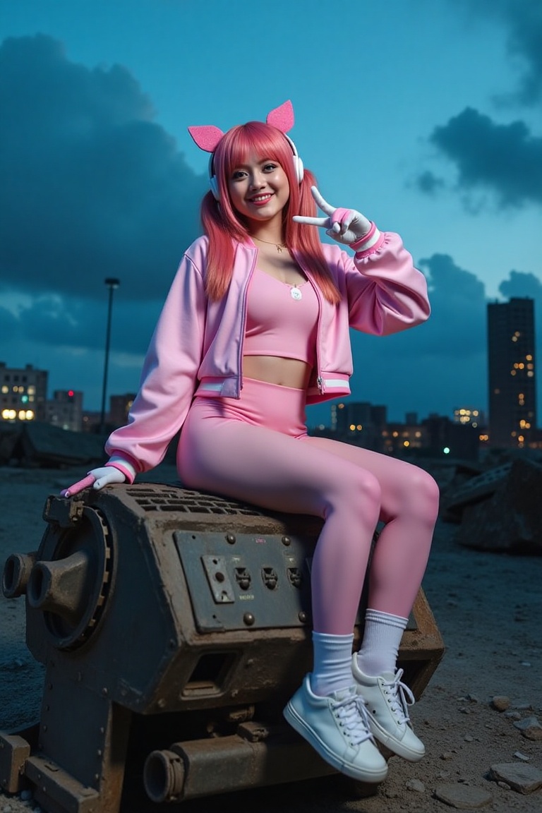 A woman in an Alice cosplay costume sits casually on a broken-down robot in a ruined city under a dark,  cloudy night sky....