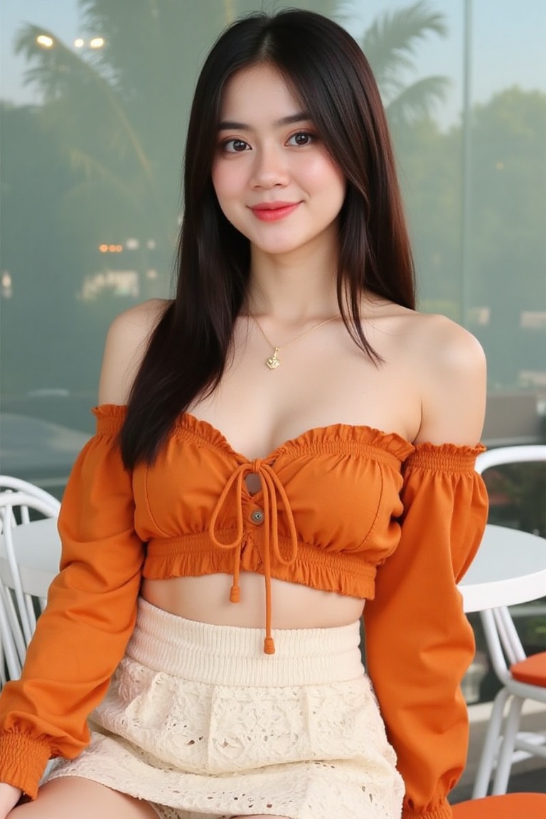 A portrait-style photograph captures a woman seated in a modern,  minimalistic setting. She has long,  straight dark hair...
