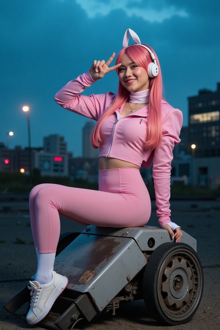 A woman in an Alice cosplay costume sits casually on a broken-down robot in a ruined city under a dark,  cloudy night sky....