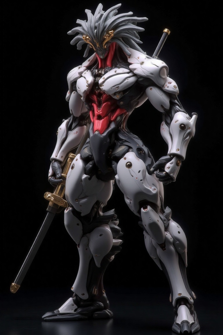 Full body image. A futuristic robotic warrior with intricate mechanical details,  featuring a sleek metallic white exterio...