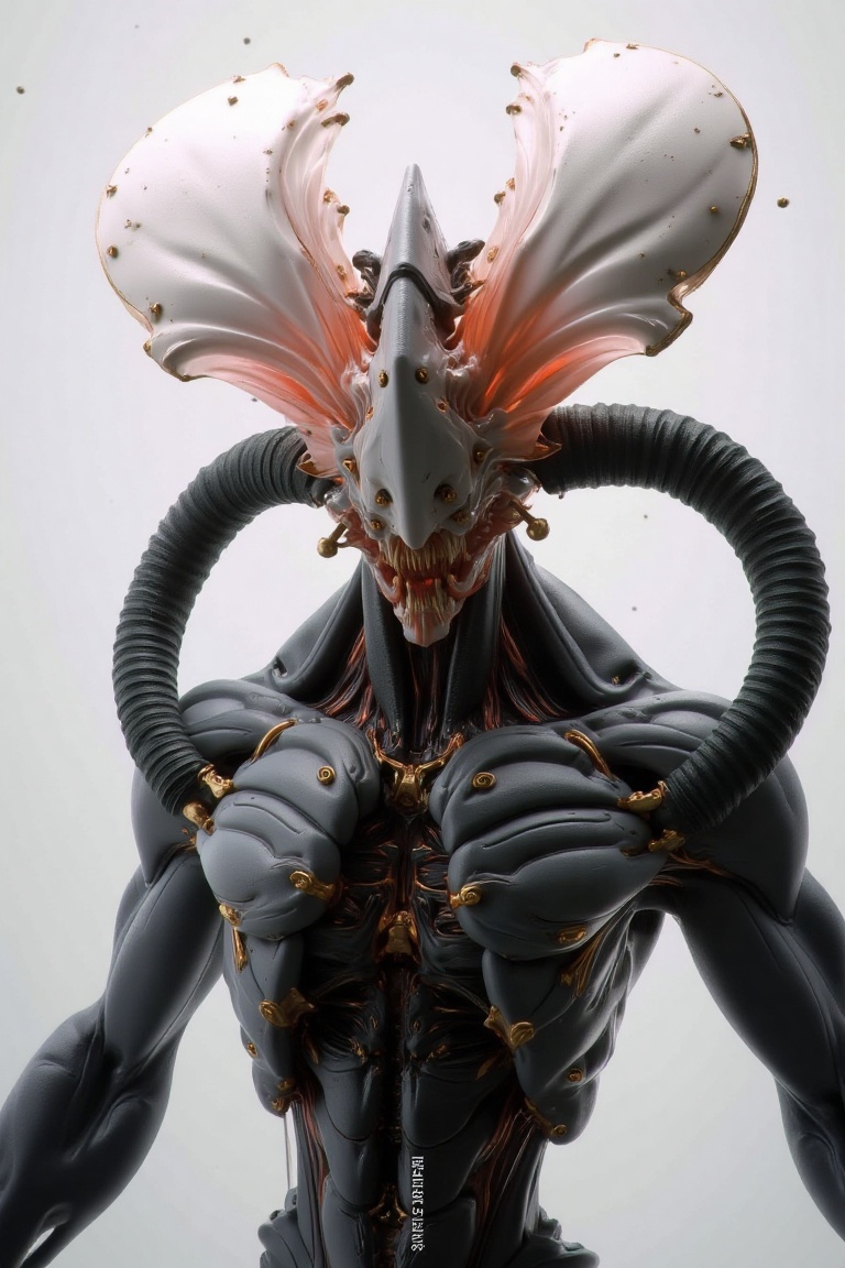 An imposing,  alien figure looms,  embodying an unsettling fusion of organic and mechanical design on Tensor.Art