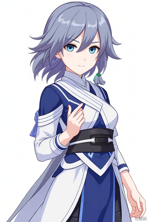 (white background:1.2),looking at viewer,(SOLO:1.4),outline,simple background,((((upper_body)))),fu_hua, fu_hua cgver, bangs, hair between eyes, grey hair, blue hair,blue eyes