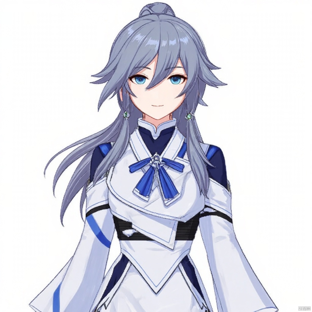 (white background:1.2),looking at viewer,(SOLO:1.4),outline,simple background,fu_hua, fu_hua cgver, long hair, bangs,blue eyes, hair between eyes, ponytail, hair ornament, grey hair, blue hair,smile, earrings