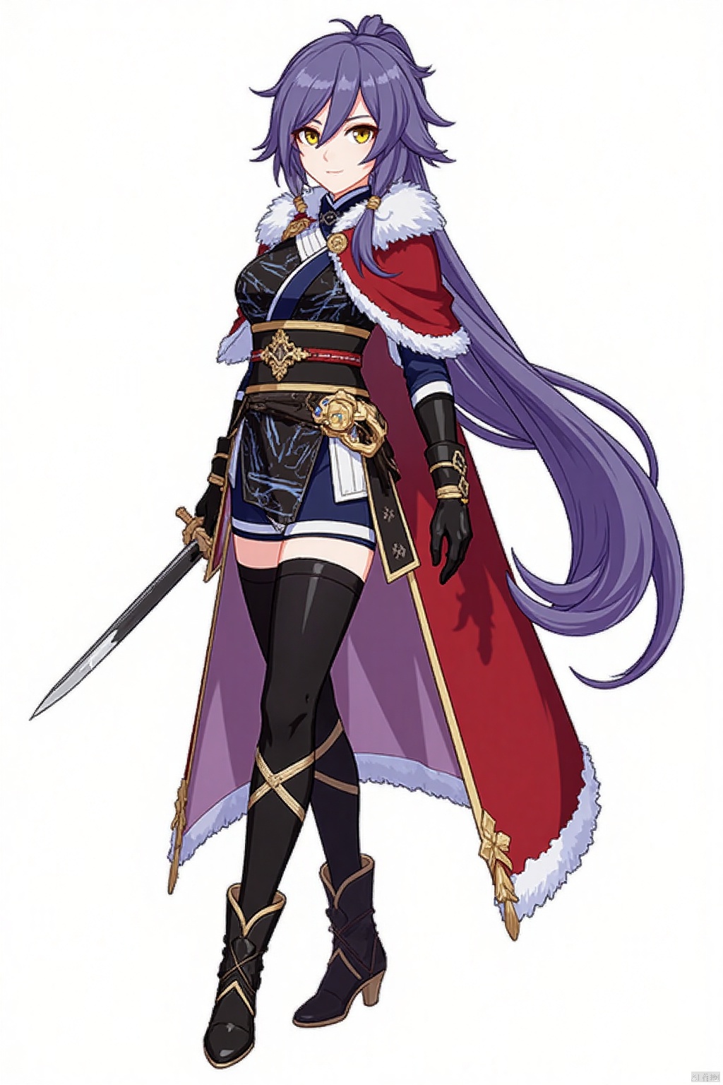 (white background:1.2),looking at viewer,(SOLO:1.4),outline,simple background,(((full_body))),fu_hua, fu_hua cgver, bangs, hair between eyes,jewelry,yellow eyes,ponytail,purple hair,earrings,boots,chinese clothes,black gloves,black thighhighs,cape,white fur trim,obi,tassel,red cape,black print kimono,gold trim,pants,long hair,bangs,hair between eyes,hair ornament,grin,earrings,high ponytail,half closed eyes,red eye shadow,holding sword,small breasts,multicolored hair,streaked hair,hair between eyes,bangs,