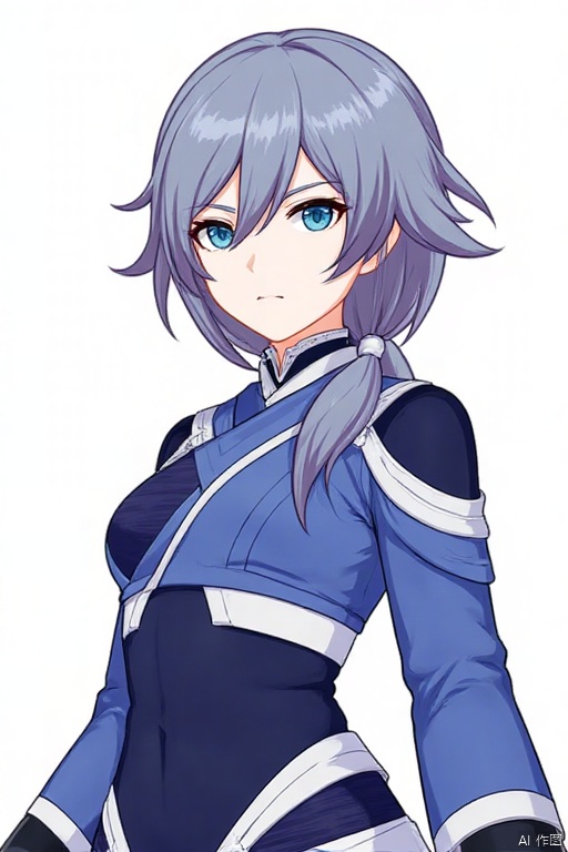 (white background:1.2),looking at viewer,(SOLO:1.4),outline,simple background,((((upper_body)))),fu_hua, fu_hua cgver, bangs, hair between eyes, grey hair, blue hair,blue eyes