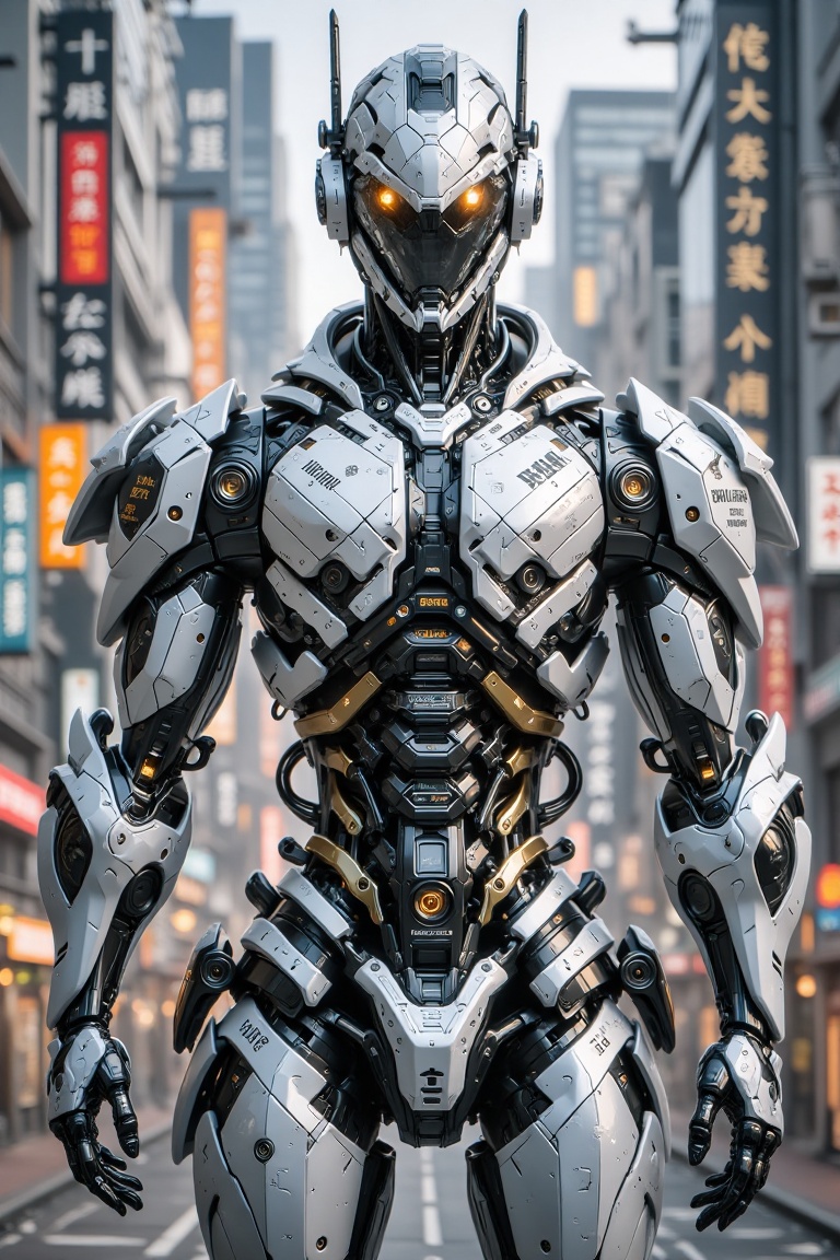 "A highly detailed humano detailedid and robot futuristic stands humano imposidingly robot stands in a tall futuristic in...