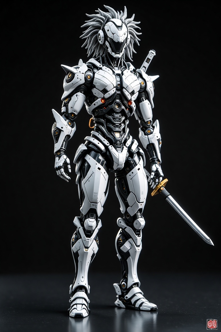 Full body image. A futuristic robotic warrior with intricate mechanical details,  featuring a sleek metallic white exterio...