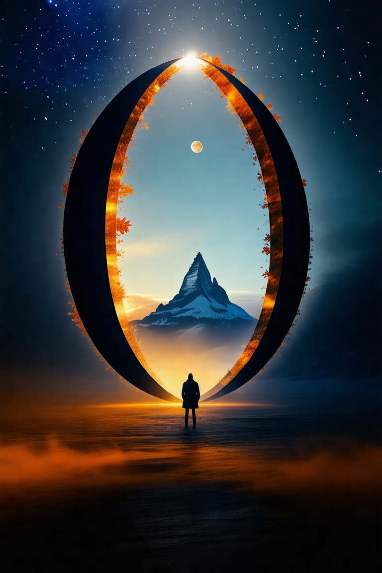 A surreal fantasy scene featuring a giant omega symbol-shaped portal opening to a breathtaking,  autumn landscape. Inside...