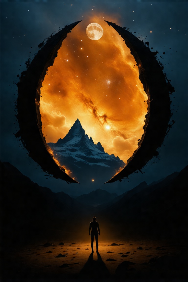 A surreal fantasy scene featuring a giant omega symbol-shaped portal opening to a breathtaking,  autumn landscape. Inside...