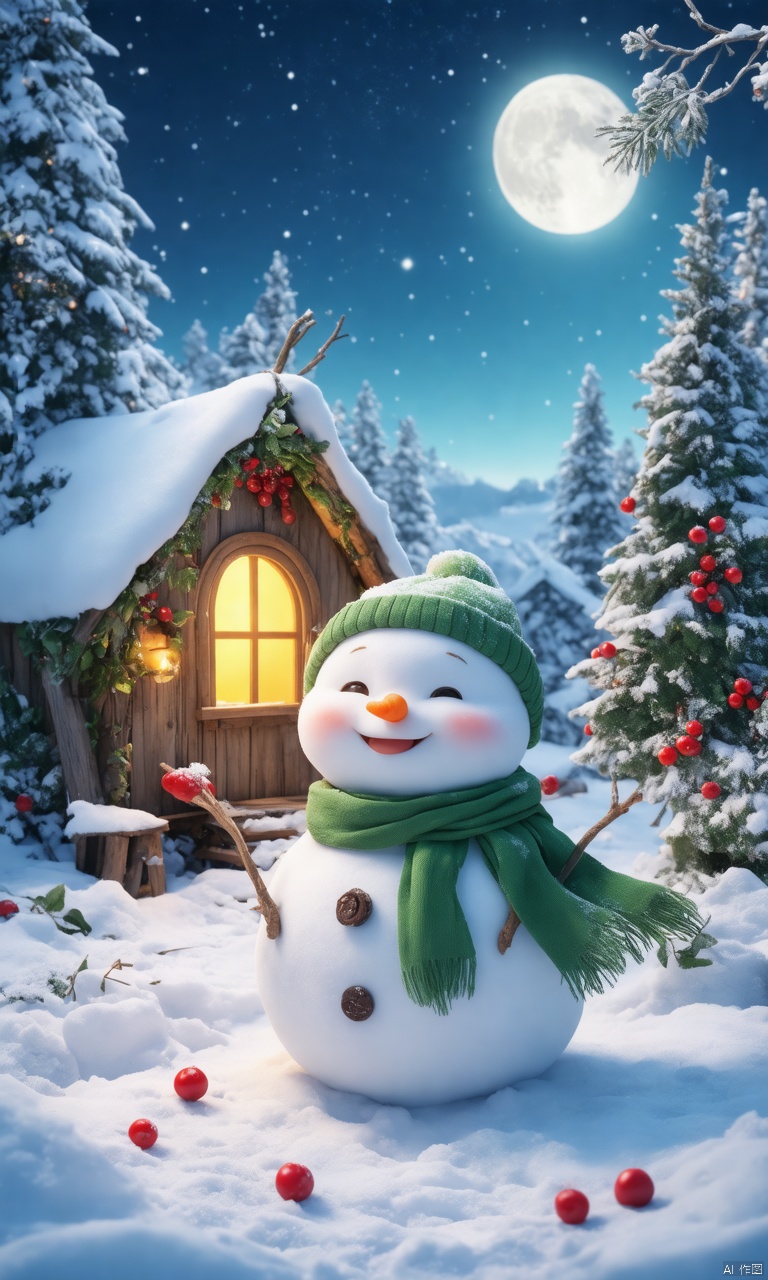 professional 3d model,anime artwork pixar,3d style,good shine,OC rendering,highly detailed,volumetric,dramatic lighting,

A cute, chubby snowman with a fluffy white body, a bright orange carrot nose, and rosy cheeks stands in a snow-covered scene. It's rocking a green scarf and a matching hat. Next to it, a tiny wooden house with a glowing yellow window sits on the snow. The background is filled with snow-covered trees and a clear, starry night sky. Red berries hang around the snowman, adding a festive touch. The whole scene is merry and cozy, with a whimsical, cartoonish vibe.

beautiful colorful background,very beautiful,masterpiece,best quality,super detail,anime style,key visual,vibrant,studio anime
