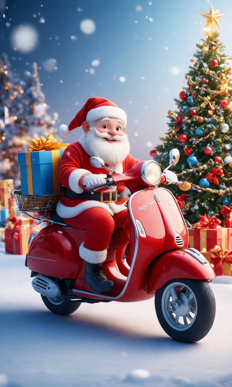 professional 3d model,anime artwork pixar,3d style,good shine,OC rendering,highly detailed,volumetric,dramatic lighting,

Christmas theme, This is a vibrant, festive CGI illustration featuring a jolly Santa Claus riding a red Vespa scooter. Santa, with his iconic white beard and mustache, rosy cheeks, and a joyful smile, wears a traditional red and white outfit with black boots. He is carrying a large blue and yellow gift box in the back basket of the scooter. The background showcases a snowy, winter landscape with snowflakes gently falling. In the foreground, there are several wrapped gifts in various colors and patterns, including red, blue, and yellow with bows, adding to the festive atmosphere. Behind Santa, a lush, green Christmas tree adorned with golden and red ornaments, a star at the top, and a few snowflakes adds to the holiday spirit. The sky is a gradient of blue to purple, suggesting either dawn or dusk, and the overall scene is bright and cheerful. The textures are smooth and glossy, typical of digital art, with a playful and whimsical style that emphasizes the joy of the holiday season.

beautiful colorful background,very beautiful,masterpiece,best quality,super detail,anime style,key visual,vibrant,studio anime