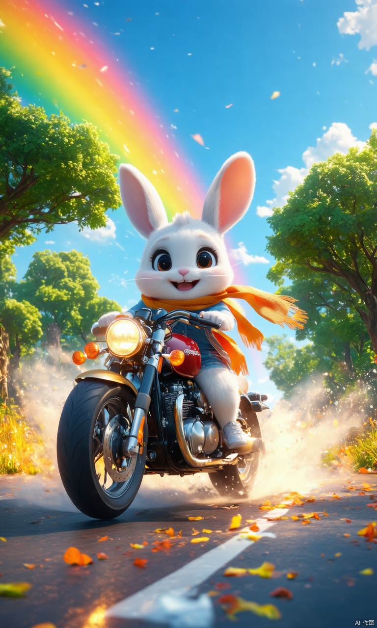 professional 3d model,anime artwork pixar,3d style,good shine,OC rendering,highly detailed,volumetric,dramatic lighting,

furry,cute,(a bunny riding a motorcycle:1.1),rabbit,solo,(motor vehicle:1.2),riding,scarf,running on the rainbow,tree,extreme perspective,looking up at the camera,rainbow,fire spray,speed,humorous,

beautiful colorful background,very beautiful,masterpiece,best quality,super detail,anime style,key visual,vibrant,studio anime