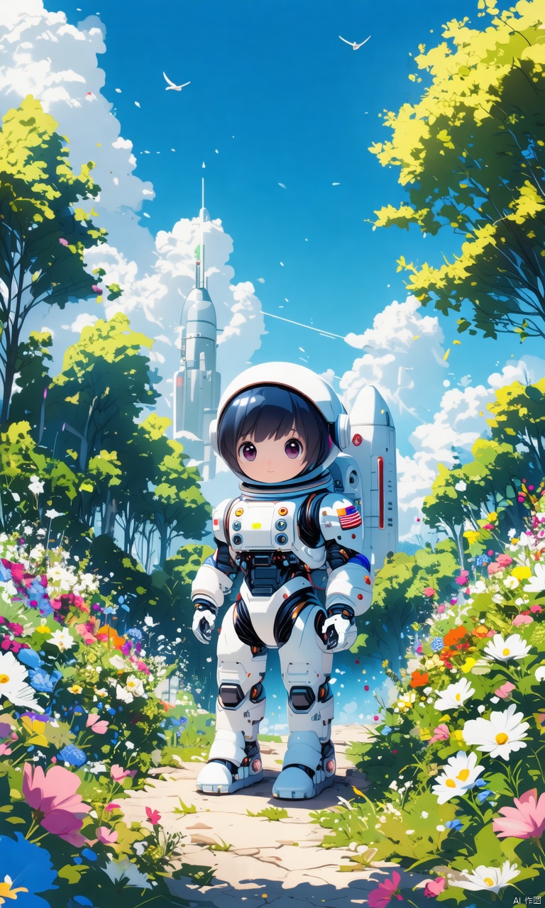 masterpiece, best quality,8K,official art, ultra high res, 1girl,chibi, full body, robot, astronauts outdoors, flowers, trees,