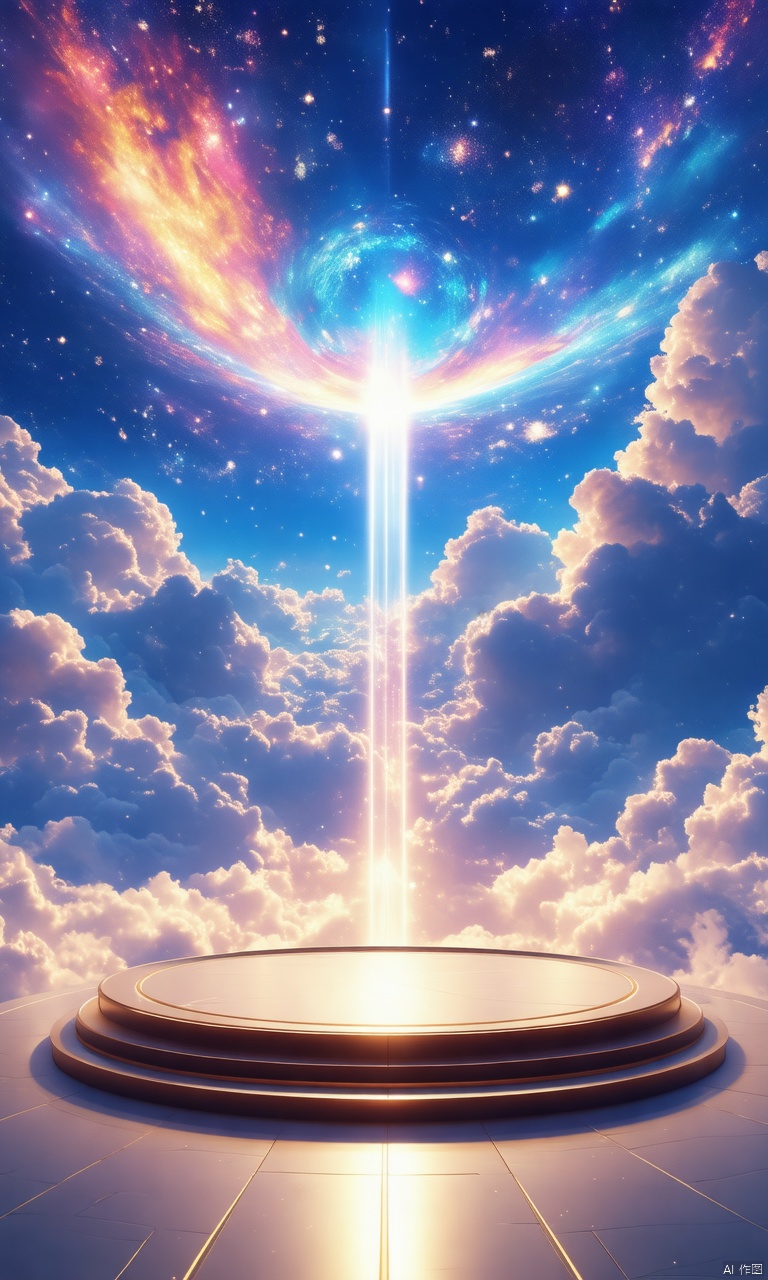 professional 3d model,anime artwork pixar,3d style,good shine,OC rendering,highly detailed,volumetric,dramatic lighting,

3d\(hubgstyle)\,a round podium on the ground in the middle,clouds,starry sky,planets in the sky,glowing beam in the background,

beautiful colorful background,very beautiful,masterpiece,best quality,super detail,anime style,key visual,vibrant,studio anime