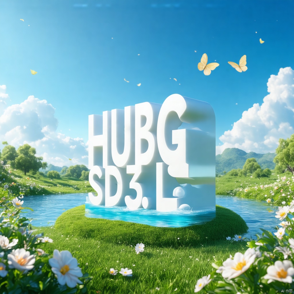 professional 3d model,anime artwork pixar,3d style,good shine,OC rendering,highly detailed,volumetric,dramatic lighting,

a bold white number "HUBG SD3.5L" with smooth surface, standing on a grassy field, surrounded by water and flowers. Blue sky in the background and green plants in the foreground. Center Composition, 3D Poster Design, Bright colors Bright colors, cartoon design, playful style. 

beautiful colorful background,very beautiful,masterpiece,best quality,super detail,anime style,key visual,vibrant,studio anime