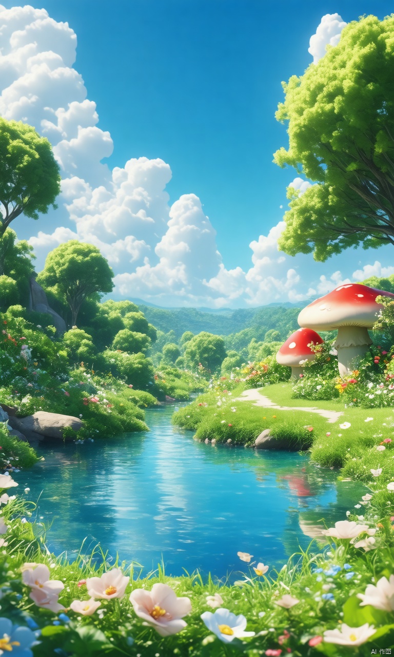 professional 3d model,anime artwork pixar,3d style,good shine,OC rendering,highly detailed,volumetric,dramatic lighting,

3D_style, outdoors,water,sky,day,cloud,flower, E-commerce booth, grass,scenery,mushroom, green theme,

beautiful colorful background,very beautiful,masterpiece,best quality,super detail,anime style,key visual,vibrant,studio anime