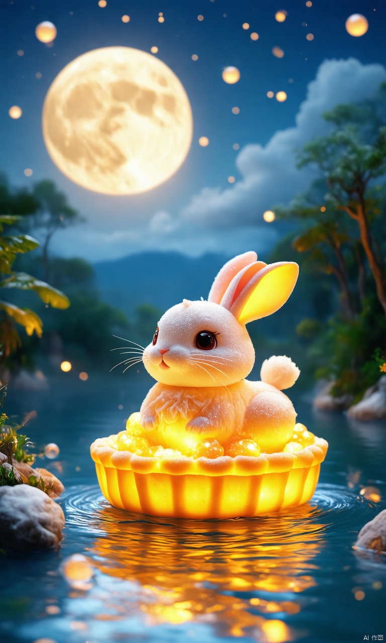 professional 3d model,anime artwork pixar,3d style,good shine,OC rendering,highly detailed,volumetric,dramatic lighting,

Bunny boat in water, clay, Bubble Matt Style, beautiful3D Ul moon cakes, a 3D moon model with yellow glow,miniature landscape, soft color, 

beautiful colorful background,very beautiful,masterpiece,best quality,super detail,anime style,key visual,vibrant,studio anime