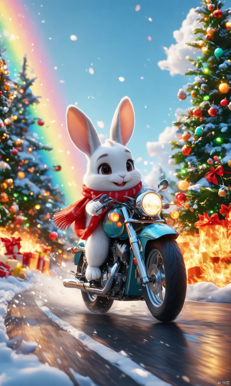 professional 3d model,anime artwork pixar,3d style,good shine,OC rendering,highly detailed,volumetric,dramatic lighting,

Christmas theme, furry,cute,(a bunny riding a motorcycle:1.1),rabbit,solo,(motor vehicle:1.2),riding,scarf,running on the rainbow,tree,extreme perspective,looking up at the camera,rainbow,fire spray,speed,humorous,

beautiful colorful background,very beautiful,masterpiece,best quality,super detail,anime style,key visual,vibrant,studio anime