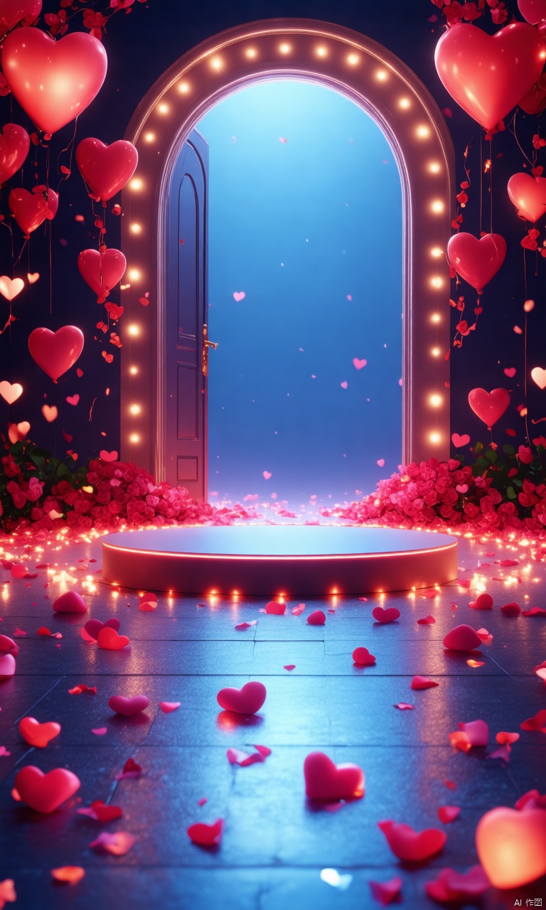 professional 3d model,anime artwork pixar,3d style,good shine,OC rendering,highly detailed,volumetric,dramatic lighting,

3D_style, a round podium on the ground in the middle, Valentine's Day theme, glowing hearts, a door shape frame in the background, dark lighting,

beautiful colorful background,very beautiful,masterpiece,best quality,super detail,anime style,key visual,vibrant,studio anime