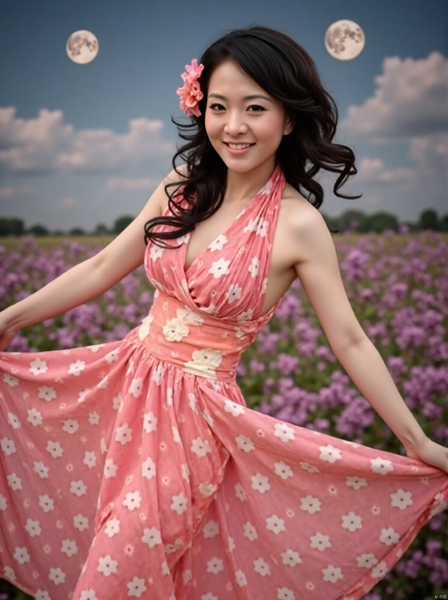(Good structure), HDR, UHD, 8K, (A real person), Highly detailed, best quality, masterpiece, 1girl, (realistic), Highly detailed, (EOS R8, 50mm, F1.2, 8K, RAW photo:1.2), ultra realistic 8k, (best illumination, best shadow, extremely delicate and beautiful), (official art, beautiful and aesthetic:1.2), pose for picture, Dynamic pose, looking_at_viewer, lips, (perfect body), (solo), 1girl, , long hair, Wind, flowing hair, kind smile, 1girl, (masterpiece, best quality, official art, beautiful and aesthetic:1.2), unity 8k wallpaper, (photorealistic:1.4), extreme detailed, colorful, full_body, flower blooming, floating petals, light effects, flower garden, starry sky, moon, emblem,((poakl)), tifa
