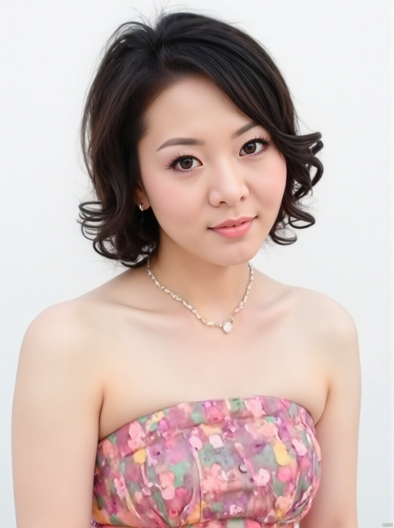 ( Fujicolor, UHD, super detail ,raw,85mm,f/1.2,FujifilmXT4,16K)
,1girl, solo, cleavage,breasts,low cut evening gown, white background, realistic, upper_body, sleeveless, lips, black hair, brown_eyes, strapless formal dress, looking_at_viewer, nose
