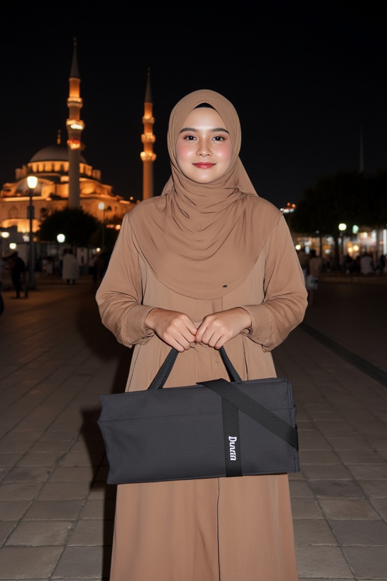 holding_duma_bag,  A Muslim woman stands cutely,  the background is istiqlal mosque from afar on Tensor.Art