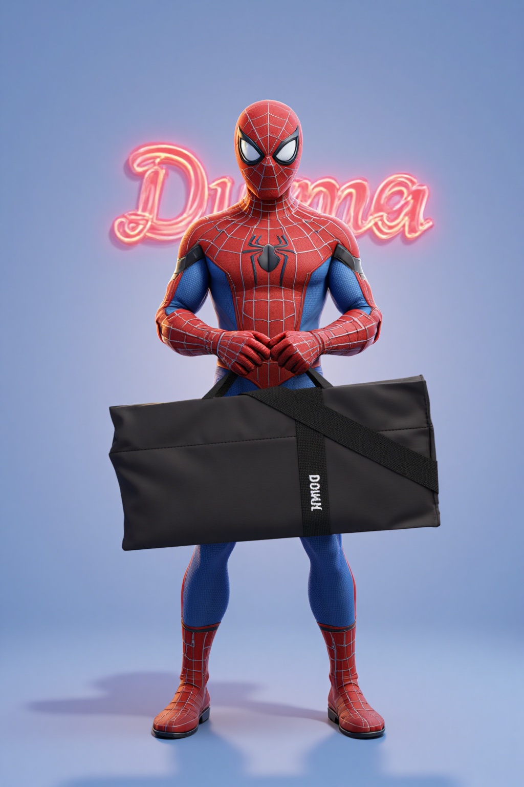 purys0eg,  3D cartoon of (upperbody shot) of spiderman. holding a duma floor chair that has been folded like a bag. the ba...