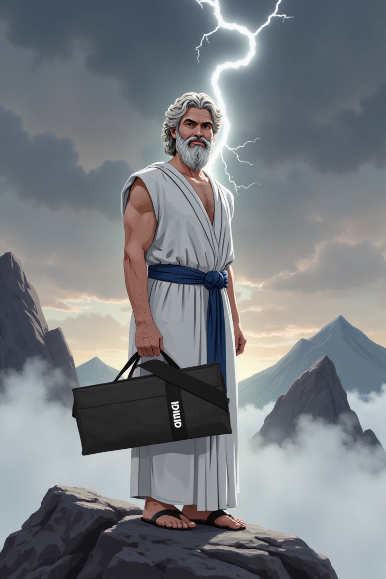 holding_duma_bag,  a minimalist illustration style of zeus,  a old god standing against the heaven of fog on Tensor.Art