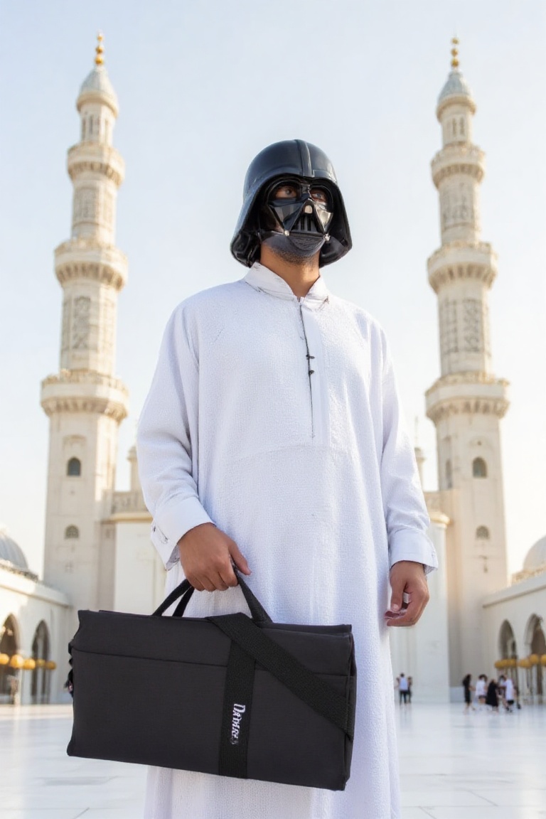 holding_duma_bag,  photorealistic of darth vader stands masculine,  the background is Sheikh Zayed Grand mosque from afar....