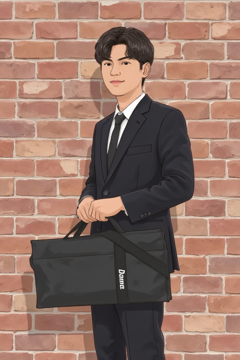 holding_duma_bag,  a minimalist illustration style of fashionable suit man,  faj4r standing against the brick wall on Tens...