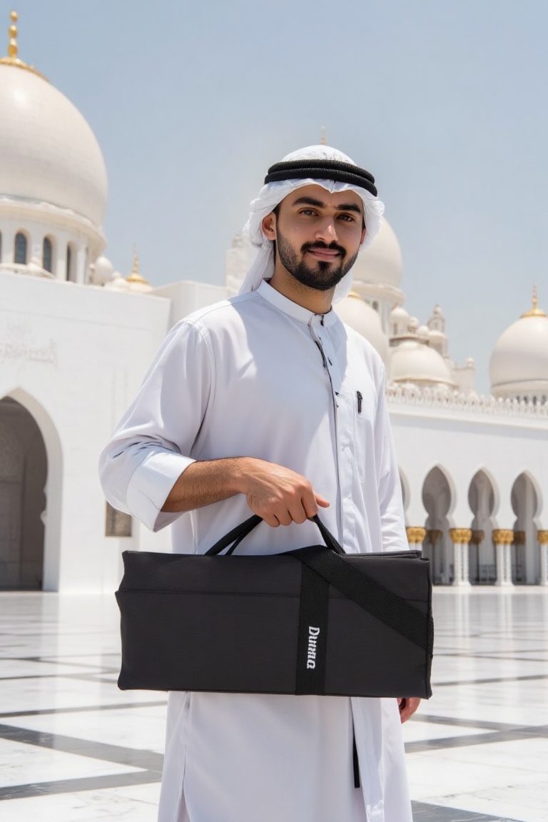 holding_duma_bag,  A arabic man stands masculine,  the background is Sheikh Zayed Grand mosque from afar. Wearing arabian...