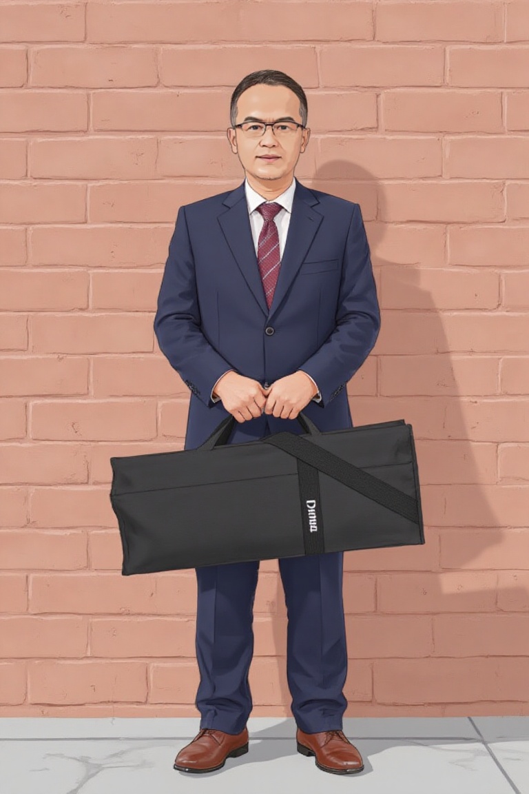 holding_duma_bag,  a minimalist illustration style of fashionable suit man,  1rfan a middle-aged standing against the bric...