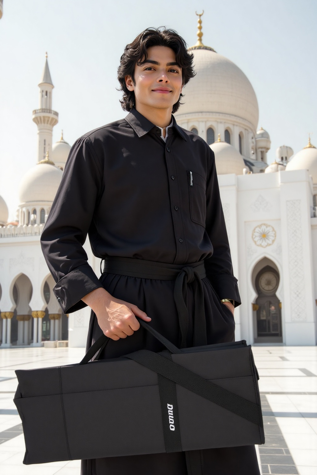 holding_duma_bag,  photograph of Michael Jackson stands masculine,  the background is Sheikh Zayed Grand mosque from afar....