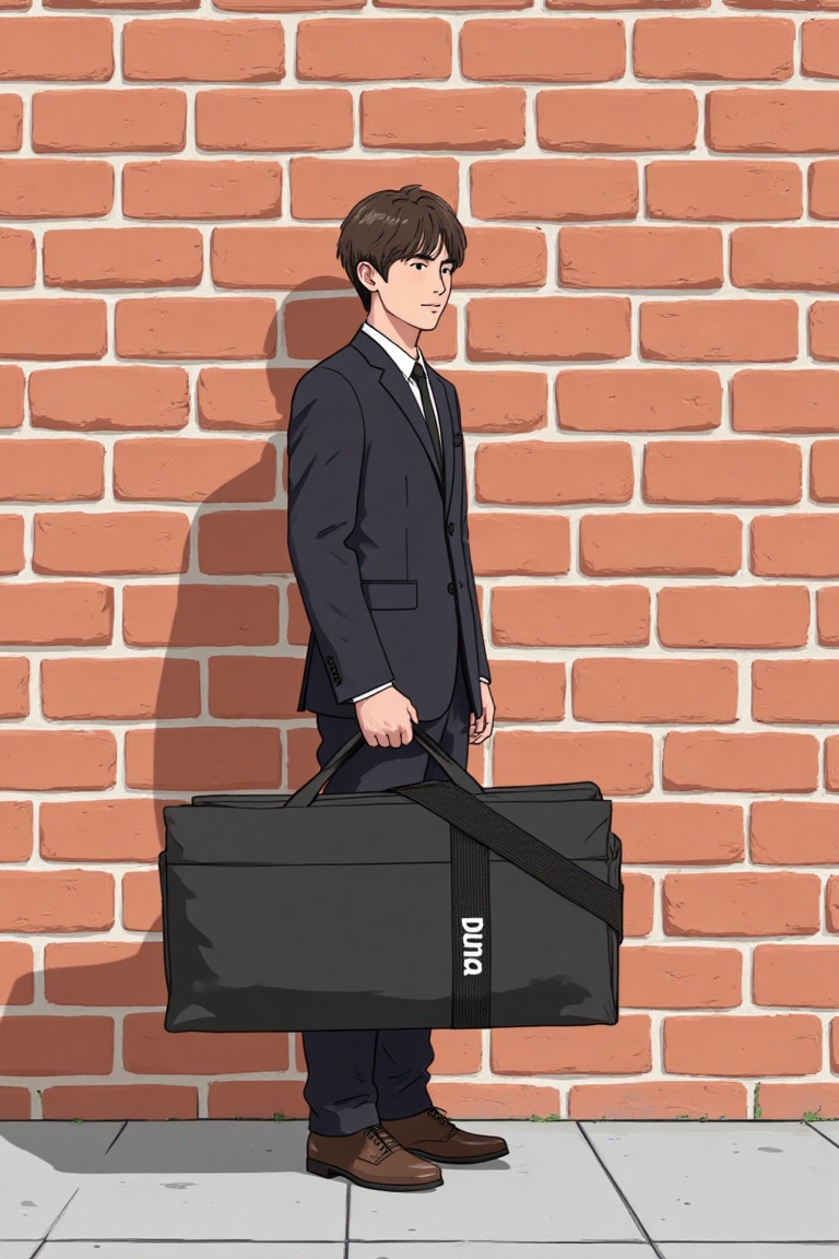 holding_duma_bag,  a minimalist illustration style of fashionable mobile suite gundam standing against the brick wall ,  h...